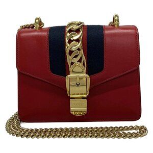 Authentic GUCCI Sylvie Mini Red Navy Leather Shoulder Bag br492-120725
